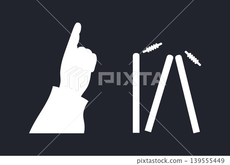 Cricket Out Decision Set. White Silhouette of Umpire Hand Pointing Up and Broken Wicket with Flying Bails. Isolated Vector Illustration on dark Cricket Out Decision Set. White Silhouette of Umpire Hand Pointing Up and Broken Wicket with Flying Bails. Isolated Vector Illustration on dark 139555449