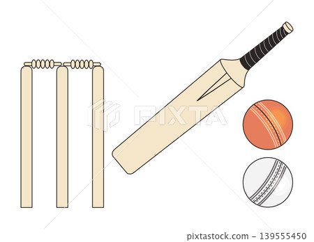 Cricket Equipment Set. Wooden Bat Stumps and Red with White Leather Balls. Professional Sport Gear Collection. Isolated Minimalist Vector Illustration. 139555450
