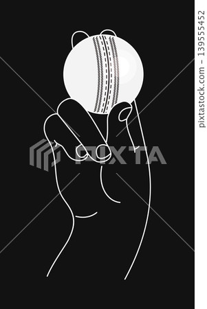 Cricket Bowling Grip Front View. White Leather Ball for Twenty20 Match Professional Hand Position on black. Dark mode spin delivery technique sports graphic element. Minimalist line vector 139555452