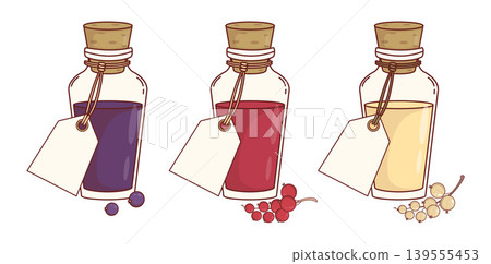 Red, Black And White Currant Syrup. Glass Bottle With Cork And Blank Label Tag With Rope. Organic Extract Collection. Summer Harvest. Natural Eco Apothecary. Isolated Vector Illustration. 139555453
