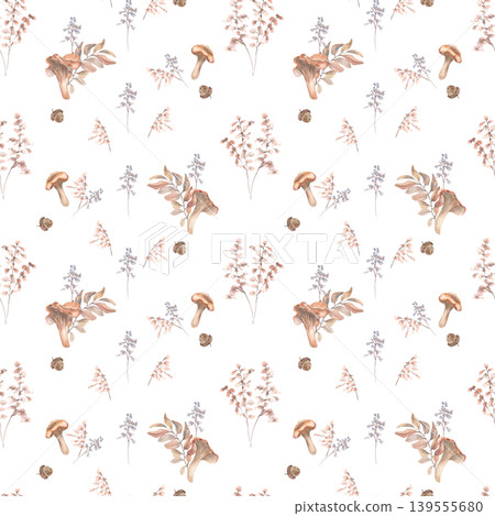 Seamless monochrome watercolor design with mushrooms and soft twigs in neutral beige tones. Woodland plants repeated background for wallpaper and home textile. Delicate woodland kids design textile. Seamless monochrome watercolor design with mushrooms and soft twigs in neutral beige tones. Woodland plants repeated background for wallpaper and home textile. Delicate woodland kids design textile. 139555680