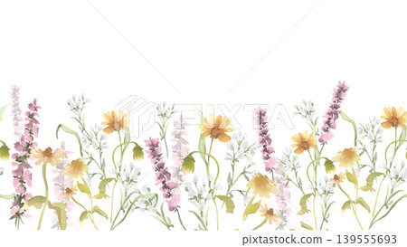 Wildflowers in meadow seamless border of loose watercolor style. Floral repeat of hand painted botanical plants with yellow and purple flowers. Spring wild herbs endless background isolated on white. Wildflowers in meadow seamless border of loose watercolor style. Floral repeat of hand painted botanical plants with yellow and purple flowers. Spring wild herbs endless background isolated on white. 139555693
