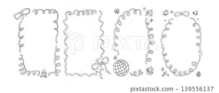 Decorative border with wavy stripes and bow accents, perfect for party invitations, wedding signage, or festive celebration designs in retro doodles. Vector wedding frame isolated on white background Decorative border with wavy stripes and bow accents, perfect for party invitations, wedding signage, or festive celebration designs in retro doodles. Vector wedding frame isolated on white background 139556137