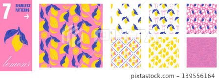 Lemon seamless pattern with crayon citrus on coquette bow ribbon. Italian whimsical lemons with slice for kitchen tablecloth napkin. Vector hand drawn fruit repeat pattern set in pink yellow mood 139556164