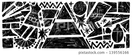 Black Egypt geometric shape with grunge pencil marker and crayon texture background design. Playful doodle and text box for ancient Egypt poster. Hand drawn vector set with rough geometry elements set 139556166