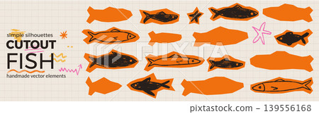 Paper cutout fish for scrapbook album and sticker pack. Orange sardine silhouette with crayon doodle fish collage and ocean feel. Vector paper cutout set for craft card print Paper cutout fish for scrapbook album and sticker pack. Orange sardine silhouette with crayon doodle fish collage and ocean feel. Vector paper cutout set for craft card print 139556168