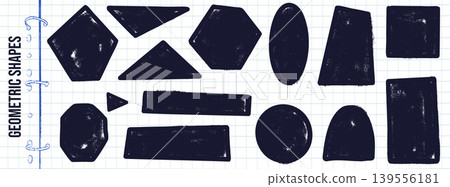 Black rectangle and geometric frame shapes with heavy marker or ink texture. Geometry shape figures on grid with triangle, diamond, rectangle and circle. Bold hand drawn vector set for kid school 139556181