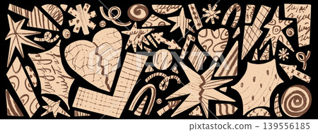 Cutout paper retro shapes with grunge crayon pattern and cracked heart on a dark black background. Hand drawn cutout pieces with paper texture for zine collage. Vector doodle vintage textured isolated Cutout paper retro shapes with grunge crayon pattern and cracked heart on a dark black background. Hand drawn cutout pieces with paper texture for zine collage. Vector doodle vintage textured isolated 139556185