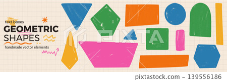 Crayon shape with geometric figure in doodle texture for school notebook. Hand drawn shapes and rectangle figure on paper grid pad. Vector kids set with circle, square, triangle and abstract elements Crayon shape with geometric figure in doodle texture for school notebook. Hand drawn shapes and rectangle figure on paper grid pad. Vector kids set with circle, square, triangle and abstract elements 139556186