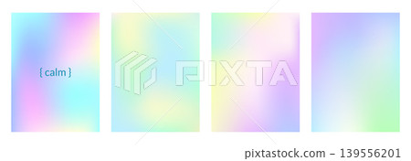 Pastel gradient poster set with holographic gradation and foil in delicate blur. Pastel rainbow gradient on cards with gentle backdrop. Vector iridescent banner pack for cosmetic promotion isolated 139556201