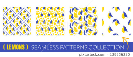 Lemon pattern with seamless argyle on modern citrus tile collection. Yellow fruit lemons with slice for summer kitchen tablecloth aop print. Vector hand drawn repeat pattern set in navy white palette Lemon pattern with seamless argyle on modern citrus tile collection. Yellow fruit lemons with slice for summer kitchen tablecloth aop print. Vector hand drawn repeat pattern set in navy white palette 139556220