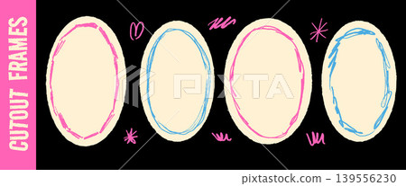 Oval frame with pink and blue crayon border on cream paper cutout. Round oval frame with rough doodle on dark background for sticker. Vector cutout with whimsical border and hand drawn ellipse Oval frame with pink and blue crayon border on cream paper cutout. Round oval frame with rough doodle on dark background for sticker. Vector cutout with whimsical border and hand drawn ellipse 139556230