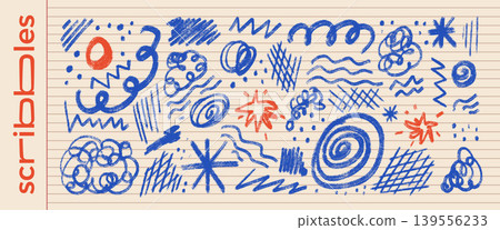 Naive abstract blue pencil doodles on legal pad paper. Irregular forms school scribble set with messy pencil strokes, doodle textures, brushstrokes. Vector spontaneous expressive graphic elements Naive abstract blue pencil doodles on legal pad paper. Irregular forms school scribble set with messy pencil strokes, doodle textures, brushstrokes. Vector spontaneous expressive graphic elements 139556233