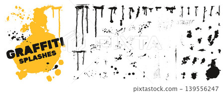 Spray paint drip and splash with black ink blobs and drop elements. Street art paint spray drips with grunge melt texture and splotch silhouettes. Urban vector collection for music poster on white bg Spray paint drip and splash with black ink blobs and drop elements. Street art paint spray drips with grunge melt texture and splotch silhouettes. Urban vector collection for music poster on white bg 139556247