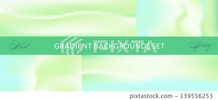 Gradient summer set with nature aqua mood for wellness banner. Green mint gradation in vibrant fluid mojito and fresh pond water. Vector horizontal gradient collection summer scene in sage lime tone Gradient summer set with nature aqua mood for wellness banner. Green mint gradation in vibrant fluid mojito and fresh pond water. Vector horizontal gradient collection summer scene in sage lime tone 139556253