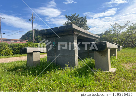 A park table and a view of trees 139556435