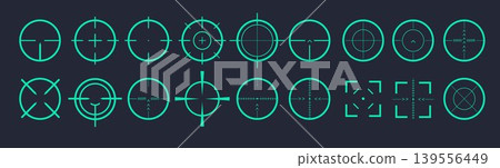 Target gun aim and aiming to bullseye signs symbol. Creative vector illustration of crosshairs icon set isolated on transparent background. Art design. Abstract concept graphic games shooters element Target gun aim and aiming to bullseye signs symbol. Creative vector illustration of crosshairs icon set isolated on transparent background. Art design. Abstract concept graphic games shooters element 139556449