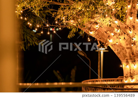 The large tree in the park was decorated with fairy light on its branches and trunk, shot at the night. Glowing tree The large tree in the park was decorated with fairy light on its branches and trunk, shot at the night. Glowing tree 139556489
