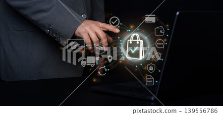 Digital payment lines move through the laptop system as package and delivery symbols complete the ecommerce journey from transaction to customer. Digital payment lines move through the laptop system as package and delivery symbols complete the ecommerce journey from transaction to customer. 139556786
