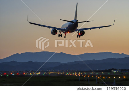 Sendai Airport at dusk, airplane landing, Natori City, Miyagi Prefecture 139556920