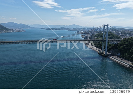 An aerial photograph showing the Kanmon Strait and the Kanmon Bridge from a diagonal vantage point. An aerial photograph showing the Kanmon Strait and the Kanmon Bridge from a diagonal vantage point. 139556979