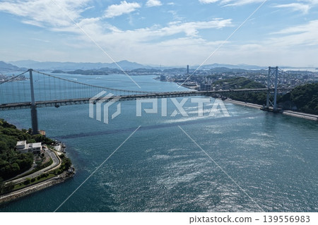 Aerial photograph overlooking the Kanmon Strait and Kanmon Bridge (Shimonoseki/Moji Port) 139556983