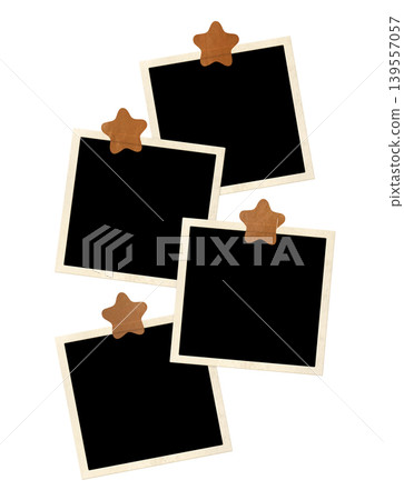Four photo frame with star-shaped adhesive tape pieces. Pictures album grid for scrapbooking. Vintage style mood board layout. Isolated on white background. Copy space for your text and photo Four photo frame with star-shaped adhesive tape pieces. Pictures album grid for scrapbooking. Vintage style mood board layout. Isolated on white background. Copy space for your text and photo 139557057