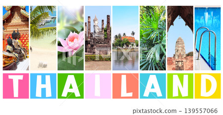 Welcome to Thailand. Travel, rest, vacation, holiday concept. Vertical banner with colourful scenes. View of beach, landmark of Chiang Mai, Ayutthaya, Bangkok. Topic of sightsee, trip, cruise, tour Welcome to Thailand. Travel, rest, vacation, holiday concept. Vertical banner with colourful scenes. View of beach, landmark of Chiang Mai, Ayutthaya, Bangkok. Topic of sightsee, trip, cruise, tour 139557066
