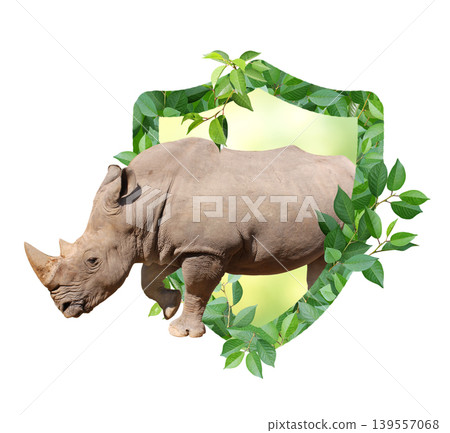 Rhinoceros and Shield made from green leaves. Safety, ecology, global ecological resource, go green concept. Environmental conservation, wildlife protection, Eco-friendly. Isolated on white background Rhinoceros and Shield made from green leaves. Safety, ecology, global ecological resource, go green concept. Environmental conservation, wildlife protection, Eco-friendly. Isolated on white background 139557068