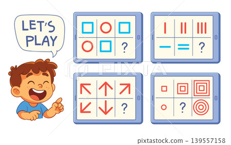 Educational logic puzzles for kids with shapes, arrows, and patterns on tablets 139557158