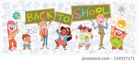 Happy cartoon children holding Back to School signs on a doodle background Happy cartoon children holding Back to School signs on a doodle background 139557171