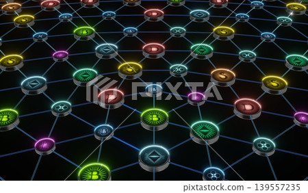 Various Cryptocurrency Bitcoins Network - 3D illustration 139557235