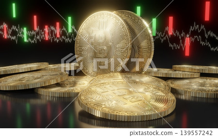 Golden Cryptocurrency Bitcoins and Business Data Chart - 3D illustration Golden Cryptocurrency Bitcoins and Business Data Chart - 3D illustration 139557242