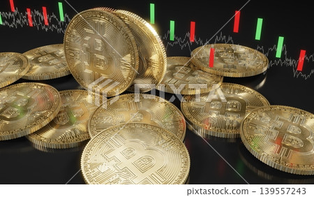 Golden Cryptocurrency Bitcoins and Business Data Chart - 3D illustration Golden Cryptocurrency Bitcoins and Business Data Chart - 3D illustration 139557243