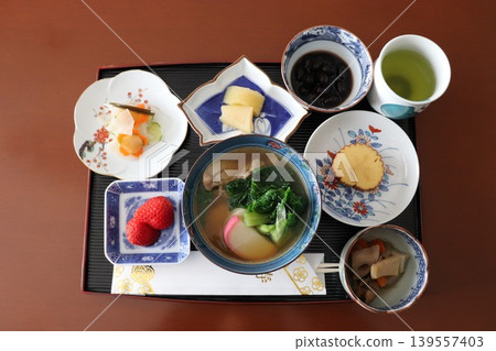 Homemade Osechi dishes and Ozoni (rice cake soup) Homemade Osechi dishes and Ozoni (rice cake soup) 139557403
