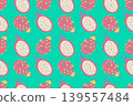 Seamless pattern of dragon fruit (pitaya) on a turquoise background. Minimalist tropical design for summer textile, exotic food packaging, and vibrant wallpaper. 139557484