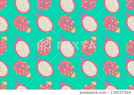 Seamless pattern of dragon fruit (pitaya) on a turquoise background. Minimalist tropical design for summer textile, exotic food packaging, and vibrant wallpaper. Seamless pattern of dragon fruit (pitaya) on a turquoise background. Minimalist tropical design for summer textile, exotic food packaging, and vibrant wallpaper. 139557484