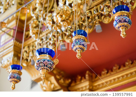 Ornate Hanging Oil Lamps Inside Church Ornate Hanging Oil Lamps Inside Church 139557991