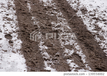 Fresh Tire Tracks Cutting Through Snow And Mud 139558002