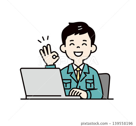 Vector illustration of the upper body of a male worker/employee/technician making an OK sign in front of a laptop. Vector illustration of the upper body of a male worker/employee/technician making an OK sign in front of a laptop. 139558196