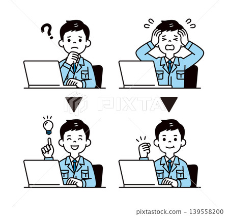 A set of vector illustrations of the upper body of a male office worker at a desk, showing both a troubled expression and a resolved/improved expression. A set of vector illustrations of the upper body of a male office worker at a desk, showing both a troubled expression and a resolved/improved expression. 139558200