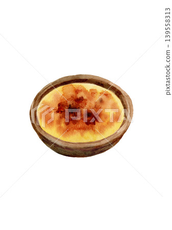 A watercolor illustration of an egg tart. 139558313