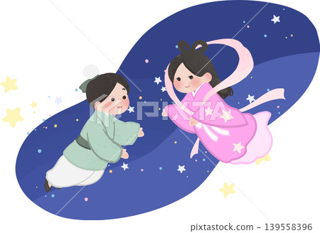 Cute Tanabata illustration of Orihime and Hikoboshi (vector material) 139558396