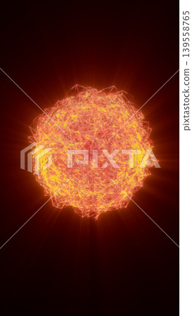 Glowing orange energy sphere made of fiery particles and wireframe lines, abstract sci-fi sun core or plasma ball on dark background Glowing orange energy sphere made of fiery particles and wireframe lines, abstract sci-fi sun core or plasma ball on dark background 139558765