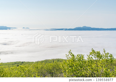 A sea of clouds viewed from a mountaintop in summer; a magnificent morning view of Hokkaido (early summer, June). A sea of clouds viewed from a mountaintop in summer; a magnificent morning view of Hokkaido (early summer, June). 139558977
