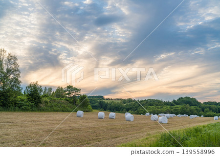 A dramatic sunset with hay bales in a Hokkaido pasture (early summer, June). 139558996