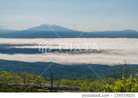 Mountain silhouettes floating in a sea of clouds: A spectacular summer mountain view of Hokkaido (early summer, June) Mountain silhouettes floating in a sea of clouds: A spectacular summer mountain view of Hokkaido (early summer, June) 139559020