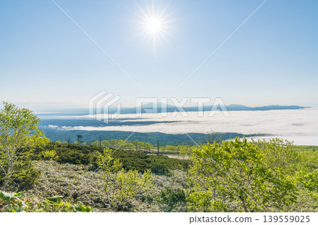 A sea of clouds and mountain ranges bathed in the morning sun: a spectacular view of Hokkaido's summer mountains (early summer, June). A sea of clouds and mountain ranges bathed in the morning sun: a spectacular view of Hokkaido's summer mountains (early summer, June). 139559025