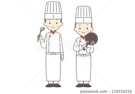 Full-body illustration of a male and female chef holding cooking utensils. Full-body illustration of a male and female chef holding cooking utensils. 139559258