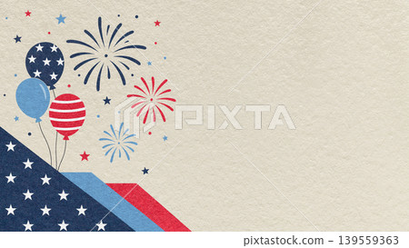 4th of July Independence Day beige textured paper background with red blue fireworks and balloons with copy space for banner 4th of July Independence Day beige textured paper background with red blue fireworks and balloons with copy space for banner 139559363